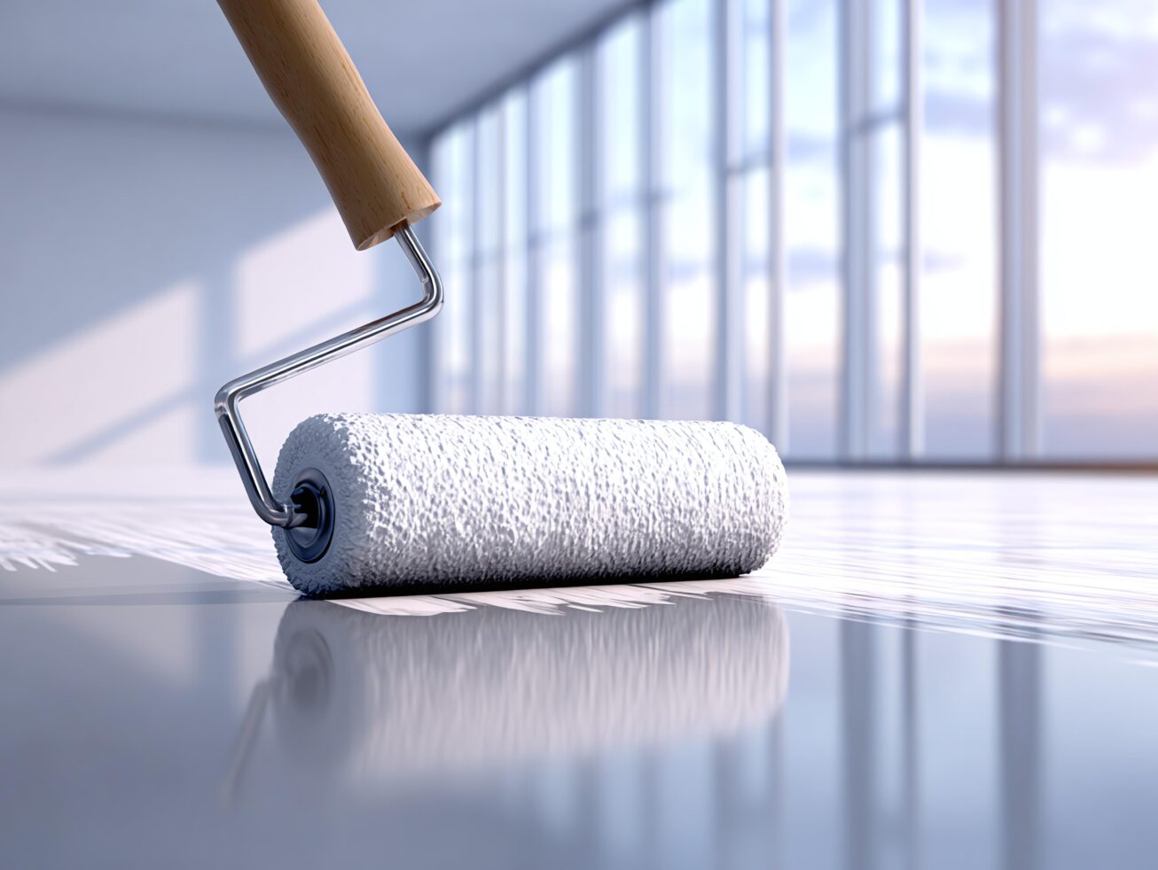 fresh-coat-of-white-paint-being-applied-with-a-paint-roller-creating-a-bright-clean-look-the-glossy-floor-reflects-the-light-and-large-windows-in-the-background
