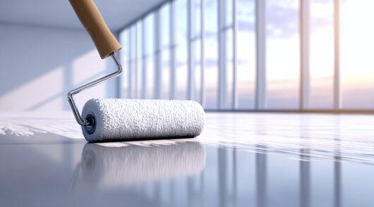 fresh-coat-of-white-paint-being-applied-with-a-paint-roller-creating-a-bright-clean-look-the-glossy-floor-reflects-the-light-and-large-windows-in-the-background
