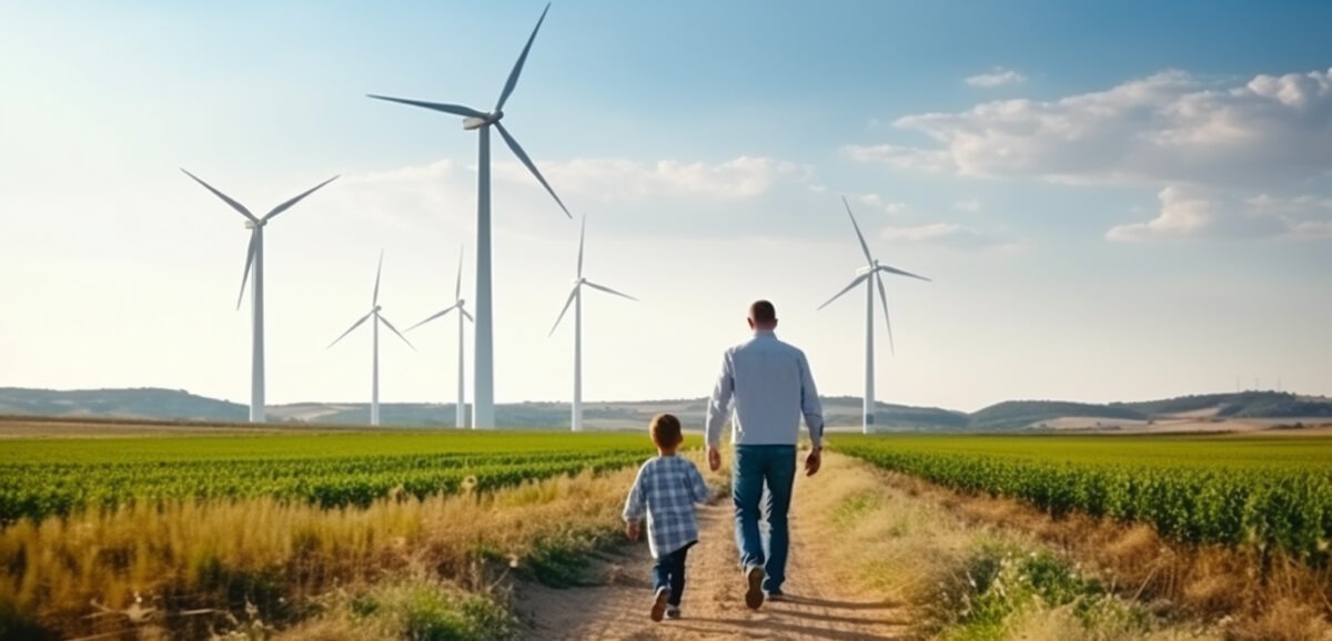father-with-son-look-at-wind-turbines-at-field-eco-living-concept